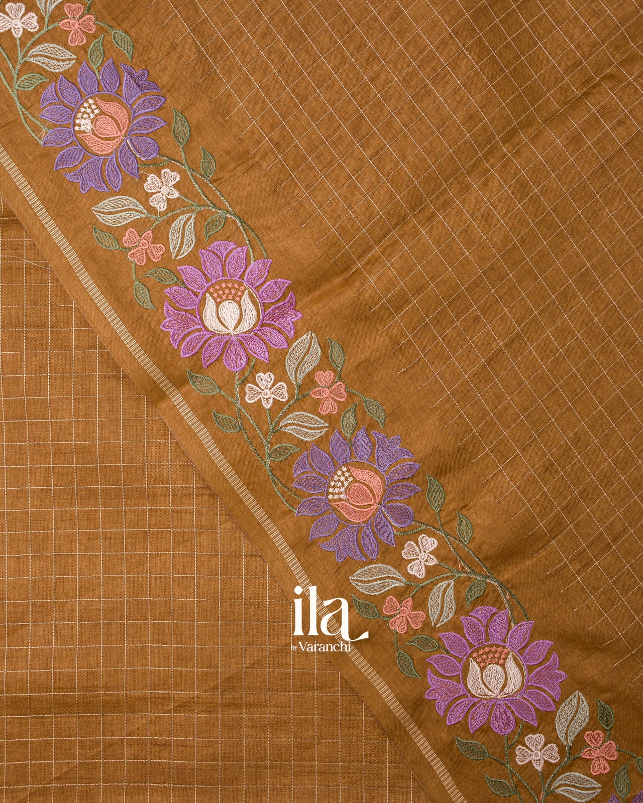 Mustard Yellow Floral Embroidered Checkered Semi Tussar Silk Saree 