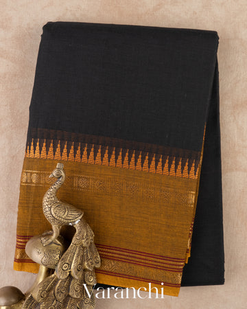 Jet Black Kanchipuram Cotton Saree