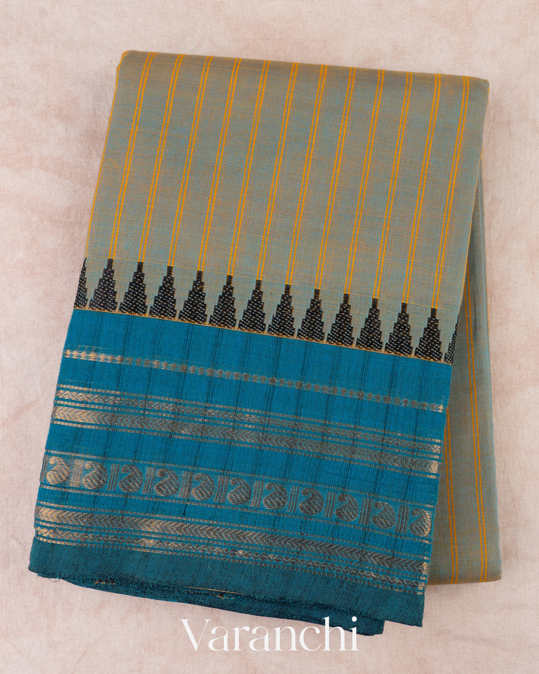 Steel Grey Striped Kanchipuram Cotton Saree