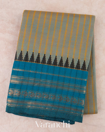 Steel Grey Striped Kanchipuram Cotton Saree