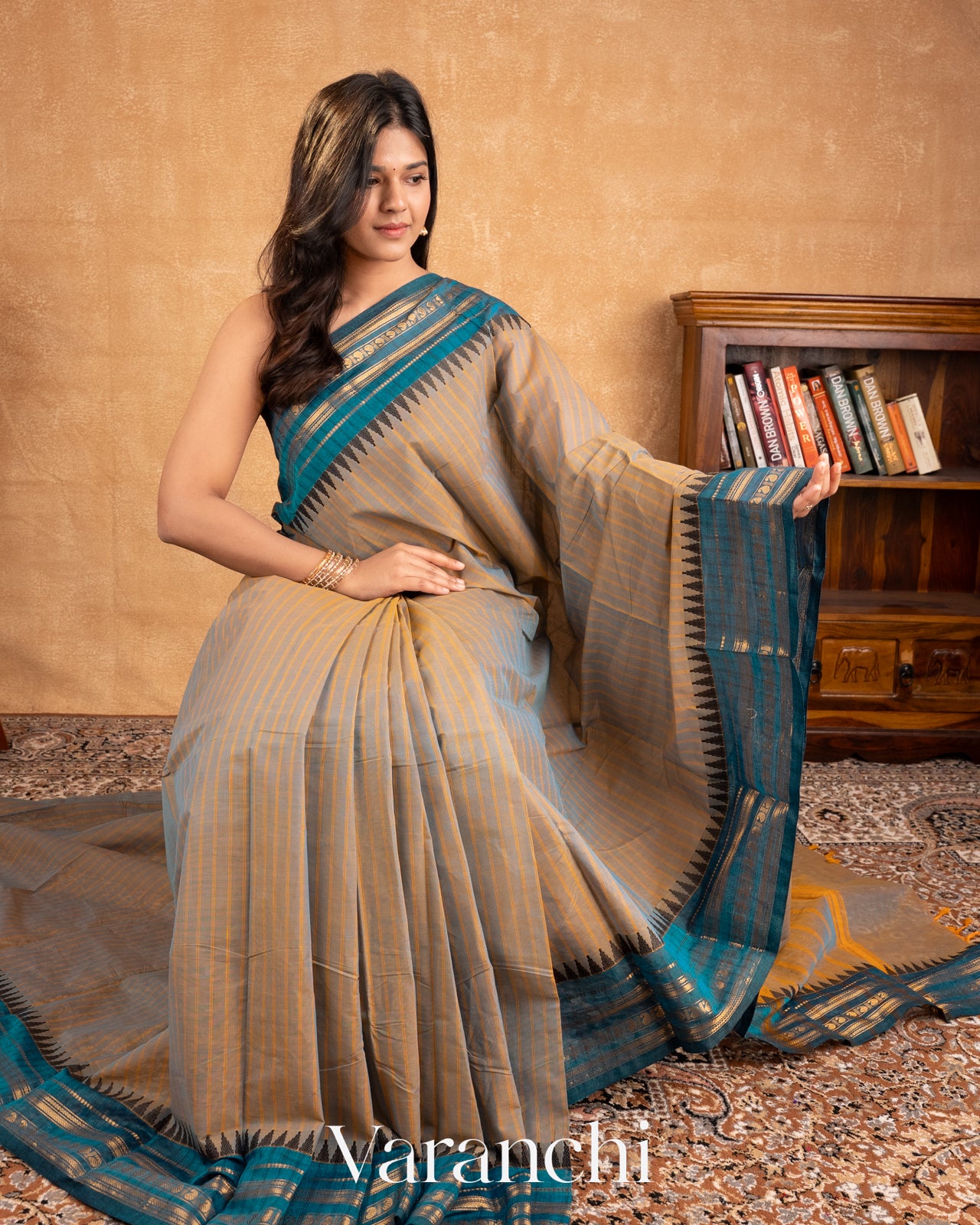 Steel Grey Striped Kanchipuram Cotton Saree