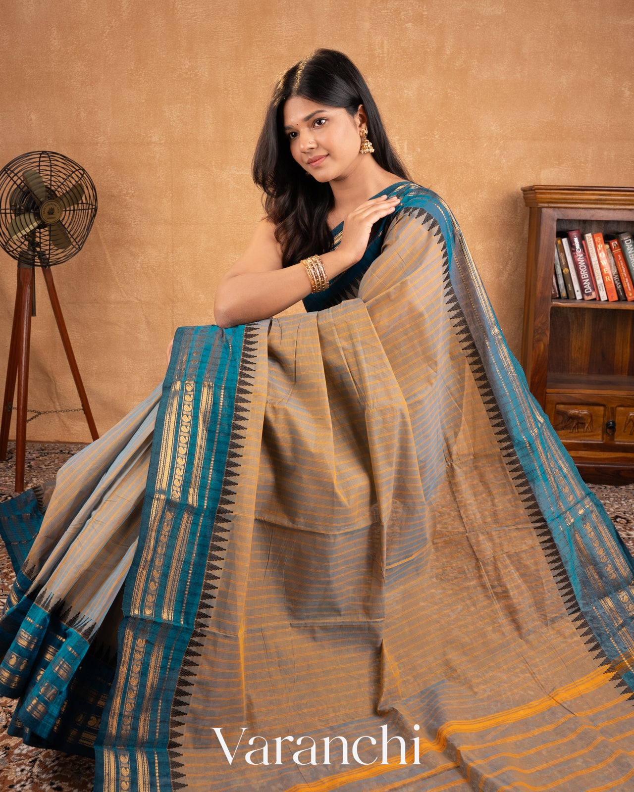 Steel Grey Striped Kanchipuram Cotton Saree