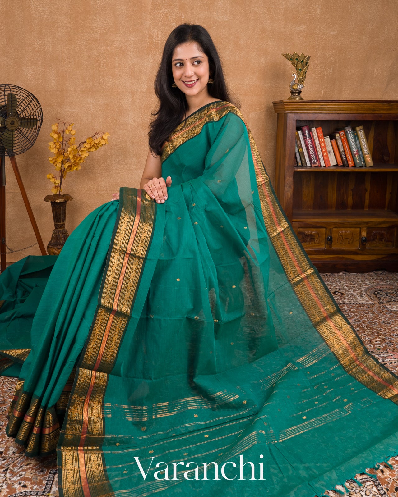 Teal Green Pure Kanchipuram Silk Cotton Sare