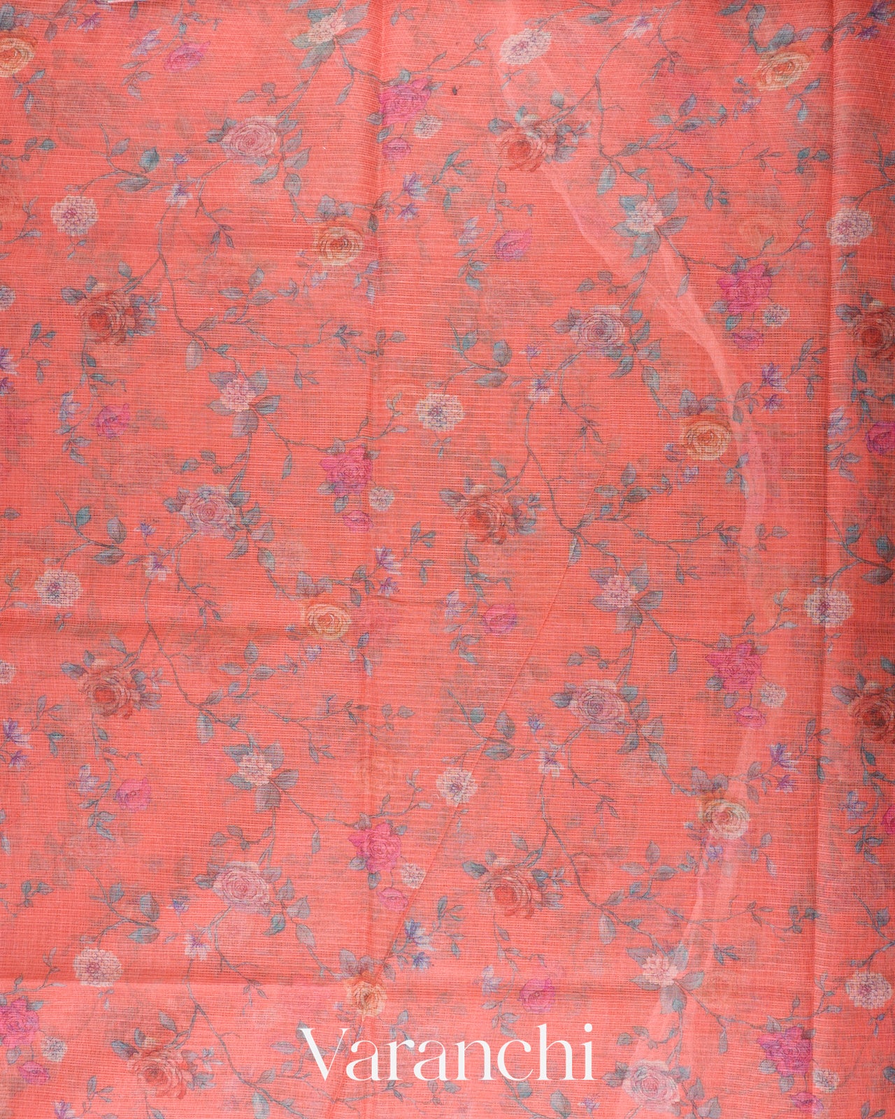 Coral Orange Digital Printed Kota Cotton Saree