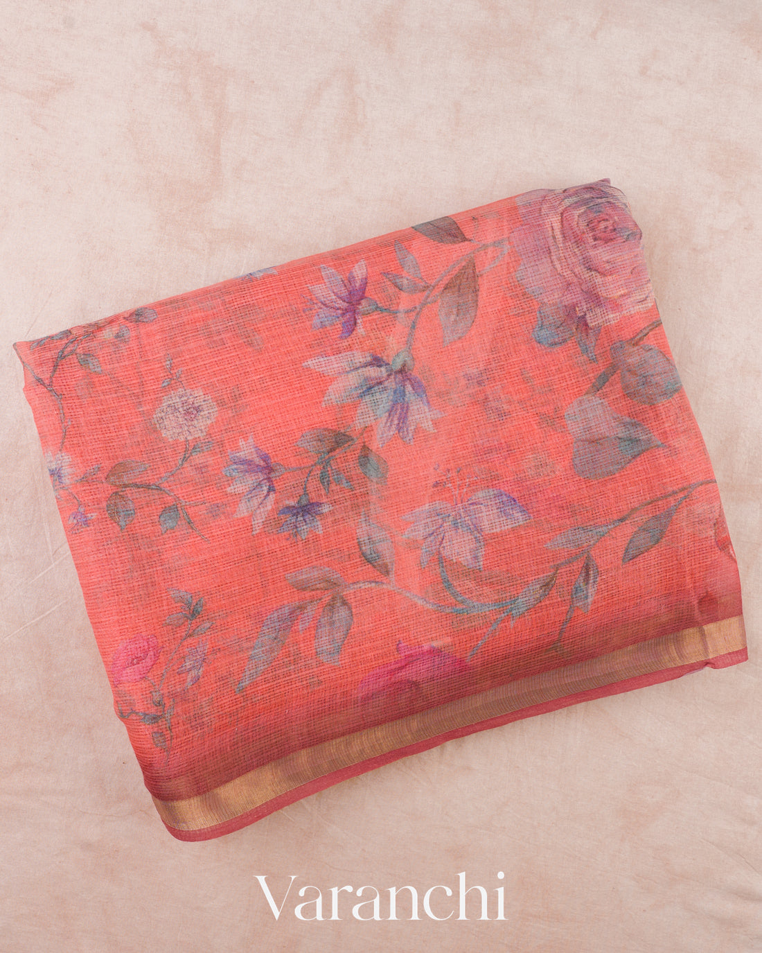 Coral Orange Digital Printed Kota Cotton Saree