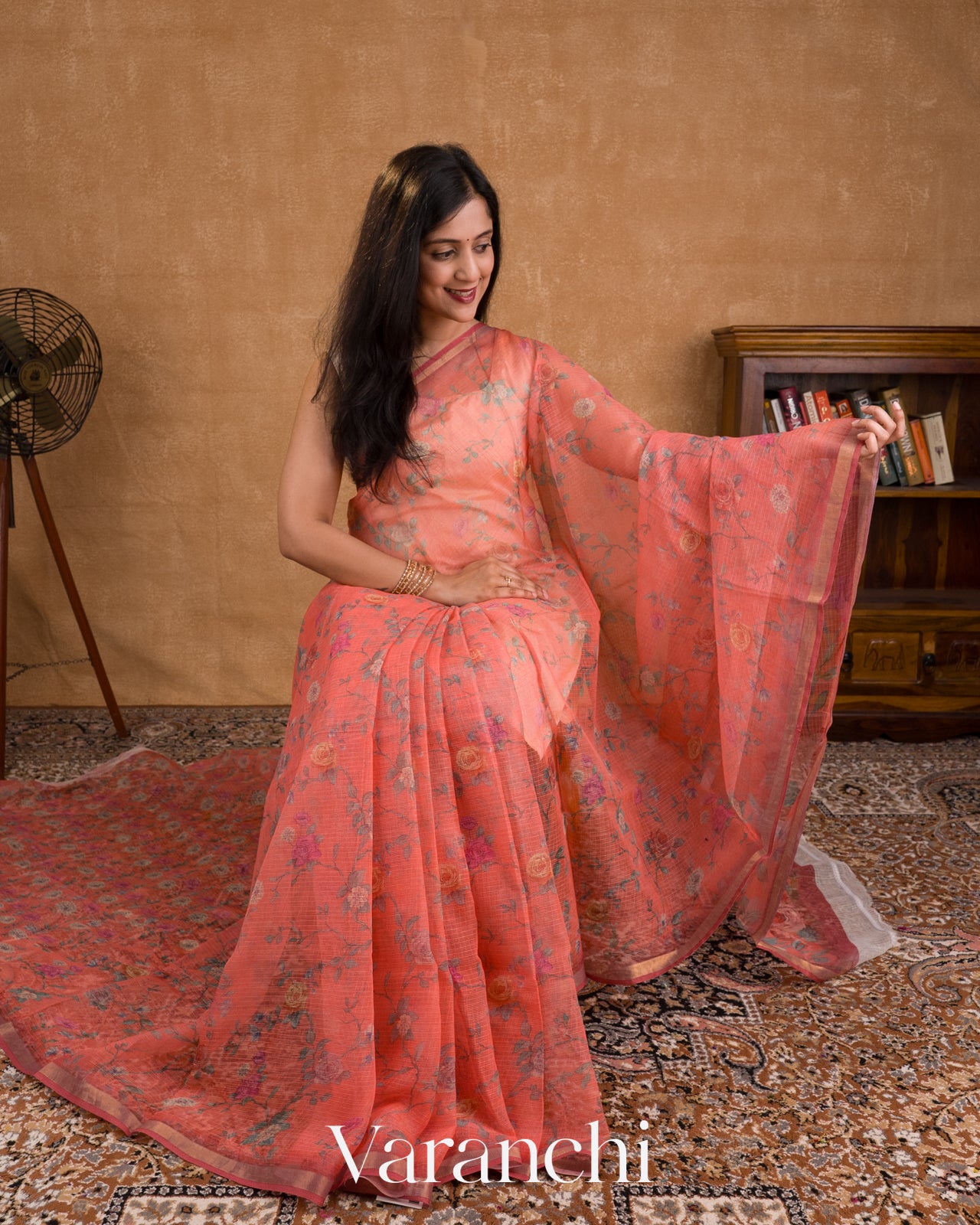 Coral Orange Digital Printed Kota Cotton Saree