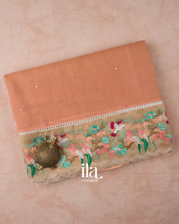 Light Muted Coral  Mirror Embroidered Pure Kota Cotton Saree 