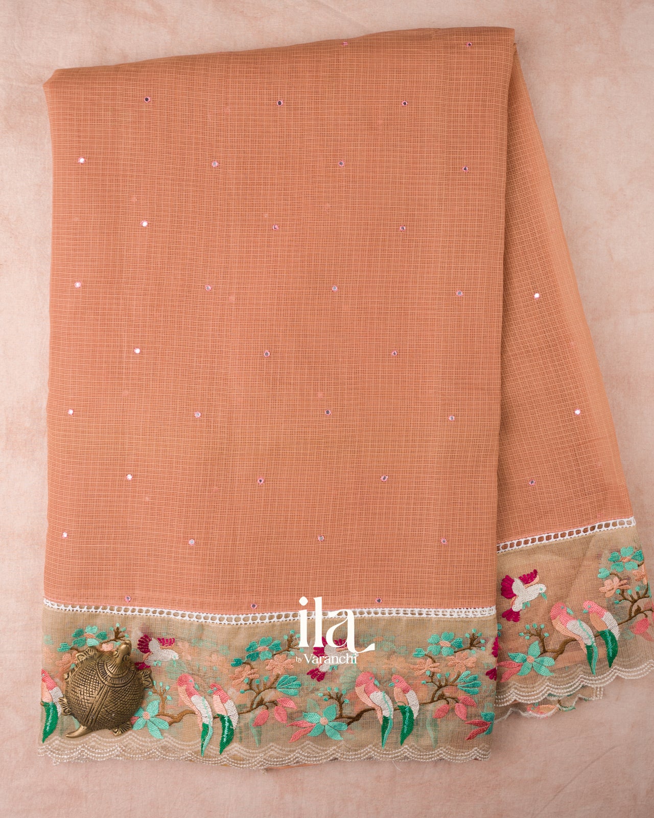 Light Muted Coral  Mirror Embroidered Pure Kota Cotton Saree 