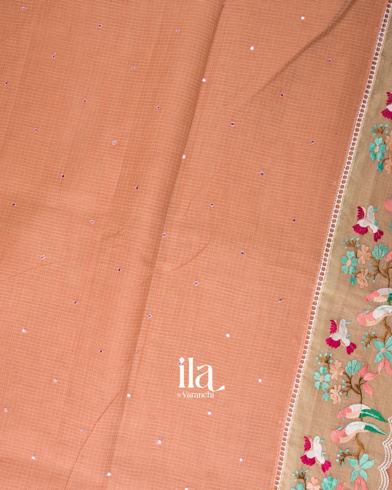 Light Muted Coral  Mirror Embroidered Pure Kota Cotton Saree 