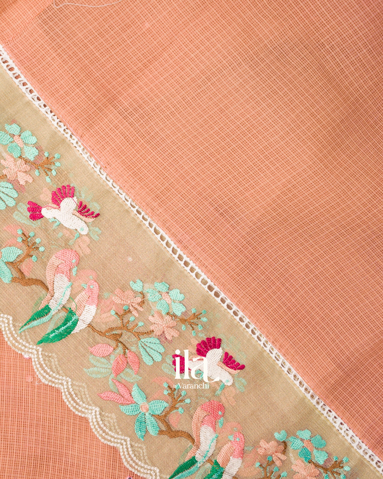 Light Muted Coral  Mirror Embroidered Pure Kota Cotton Saree 