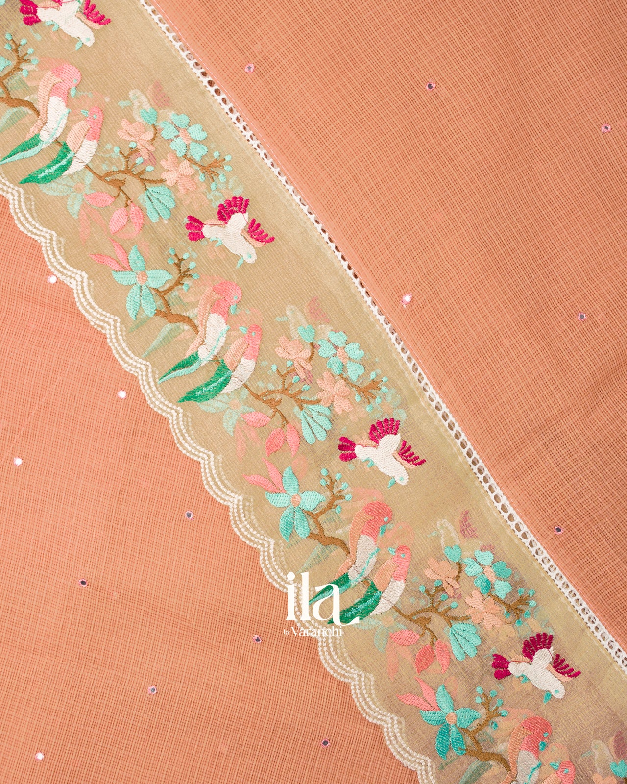 Light Muted Coral  Mirror Embroidered Pure Kota Cotton Saree 