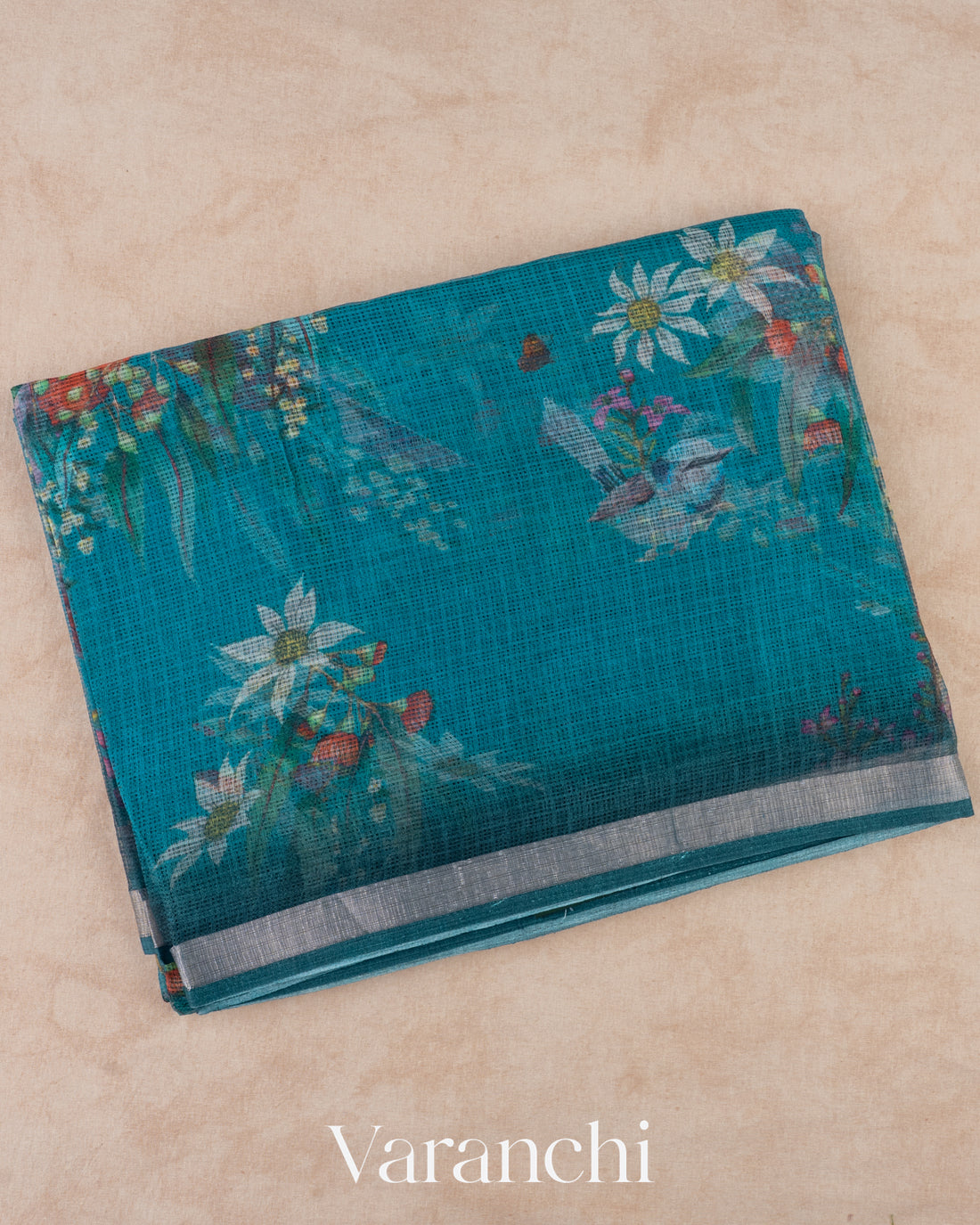 Teal Blue Digital Printed Kota Cotton Saree