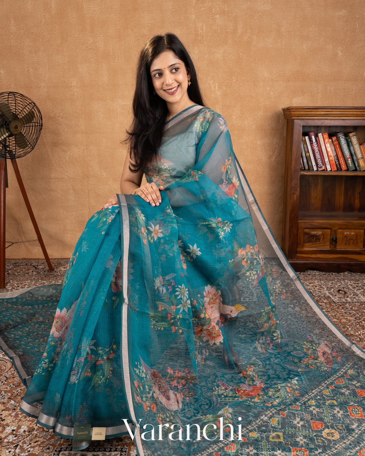 Teal Blue Digital Printed Kota Cotton Saree