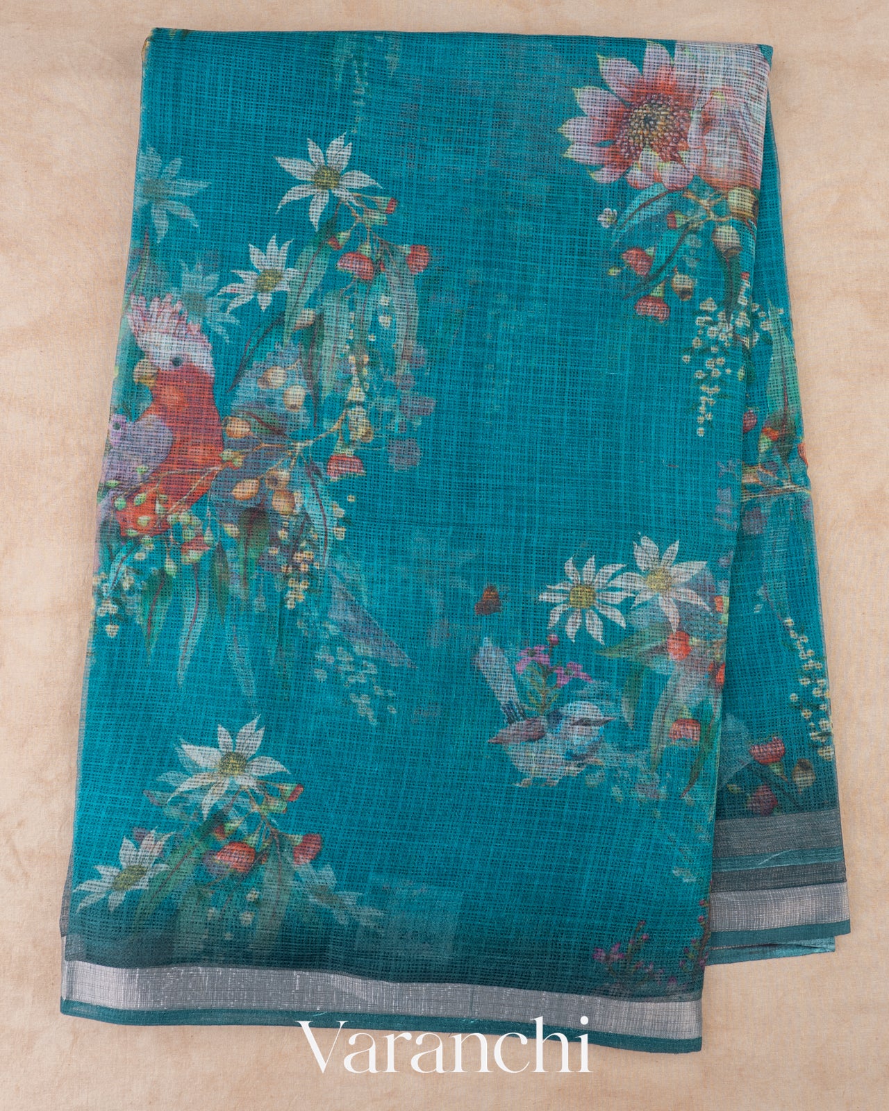 Teal Blue Digital Printed Kota Cotton Saree