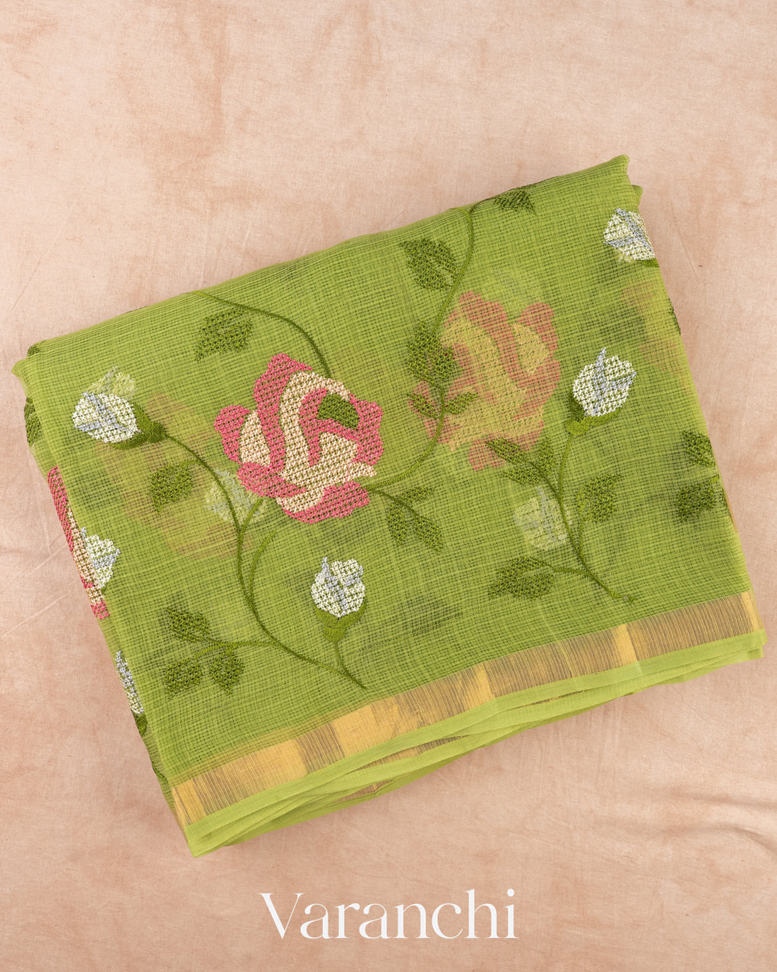 Fresh Leaf Green Embroidered Kota Cotton Saree