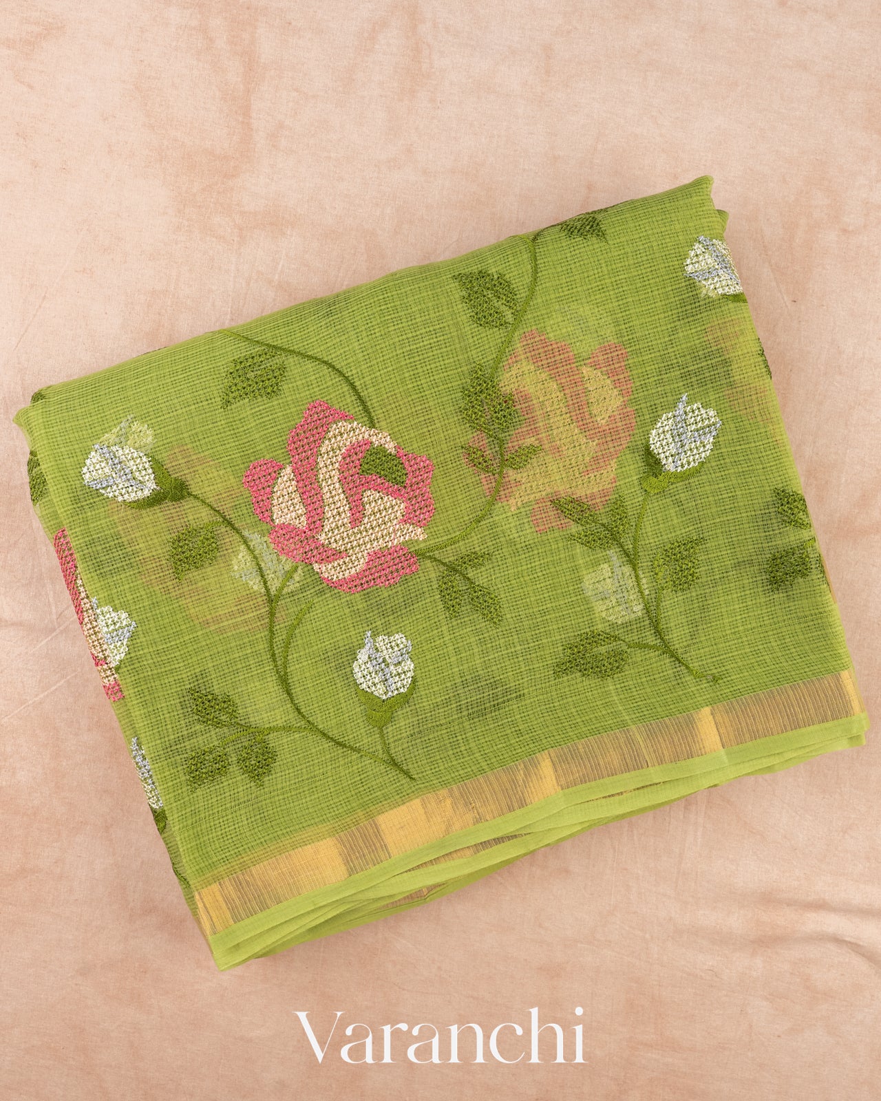 Fresh Leaf Green Embroidered Kota Cotton Saree
