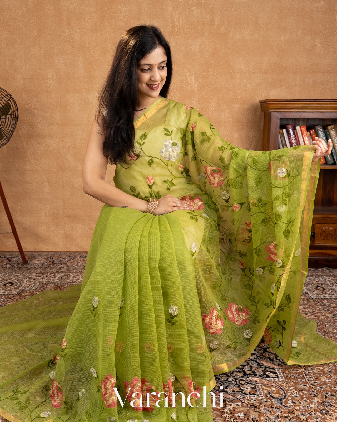 Fresh Leaf Green Embroidered Kota Cotton Saree