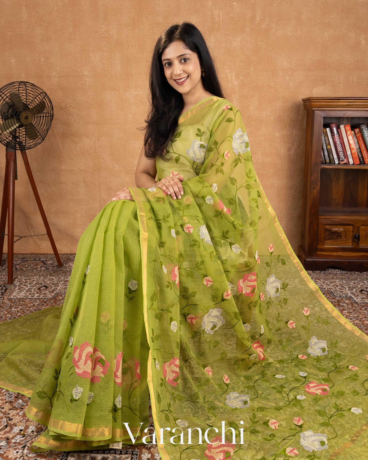 Fresh Leaf Green Embroidered Kota Cotton Saree