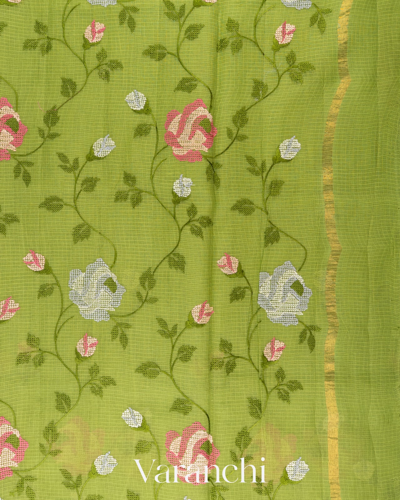 Fresh Leaf Green Embroidered Kota Cotton Saree