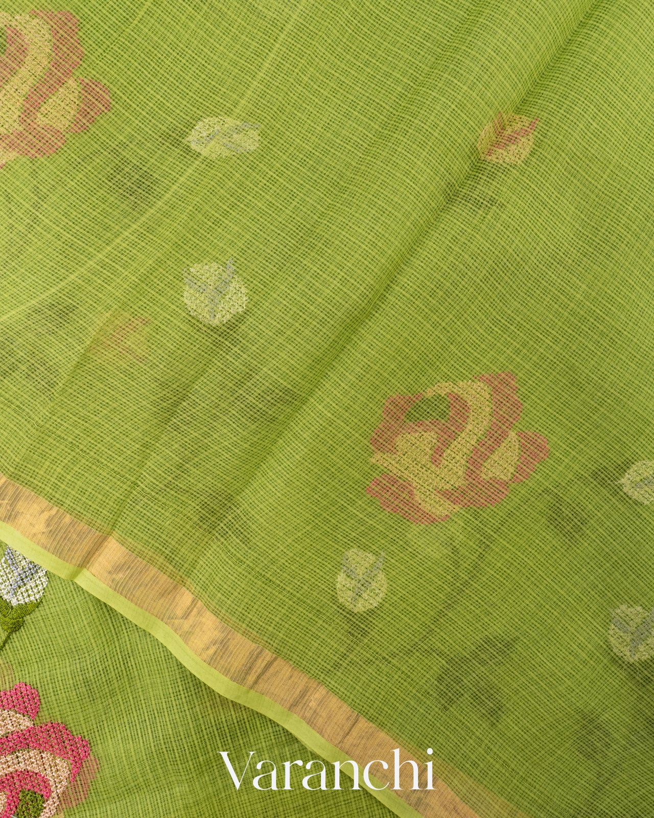 Fresh Leaf Green Embroidered Kota Cotton Saree