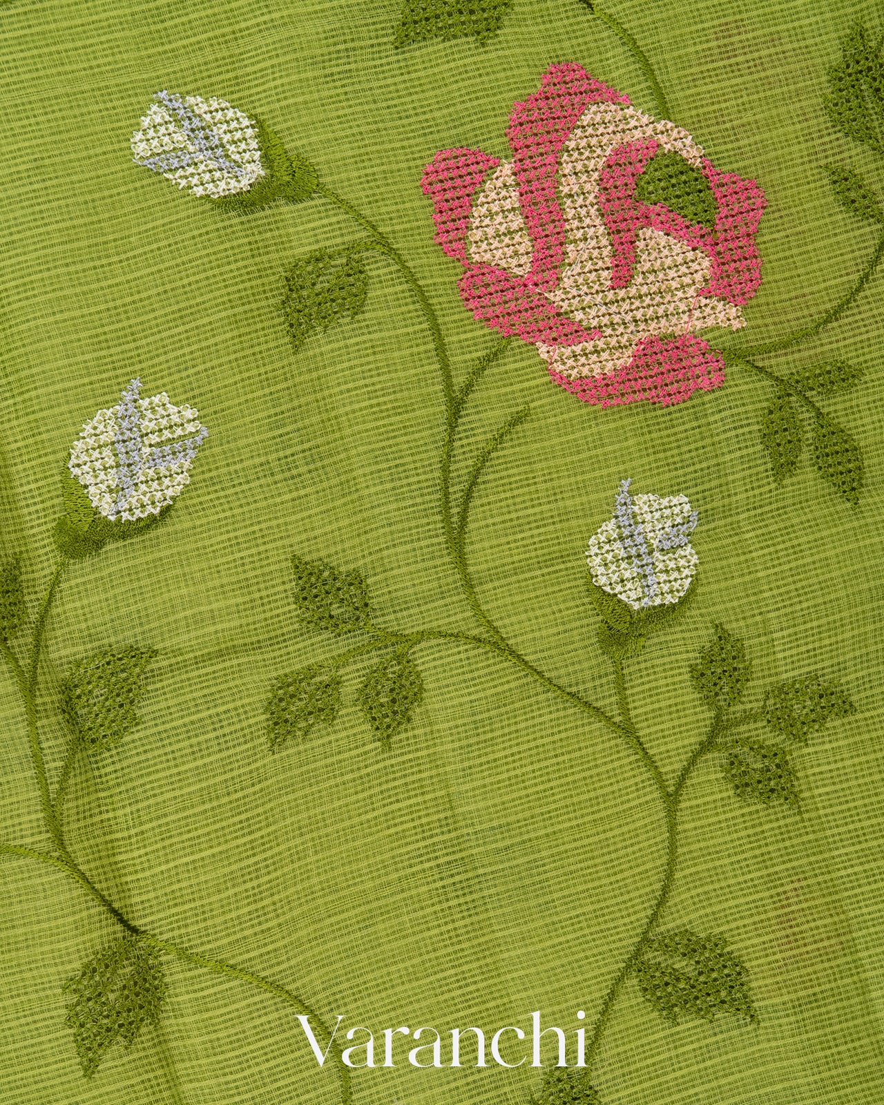 Fresh Leaf Green Embroidered Kota Cotton Saree