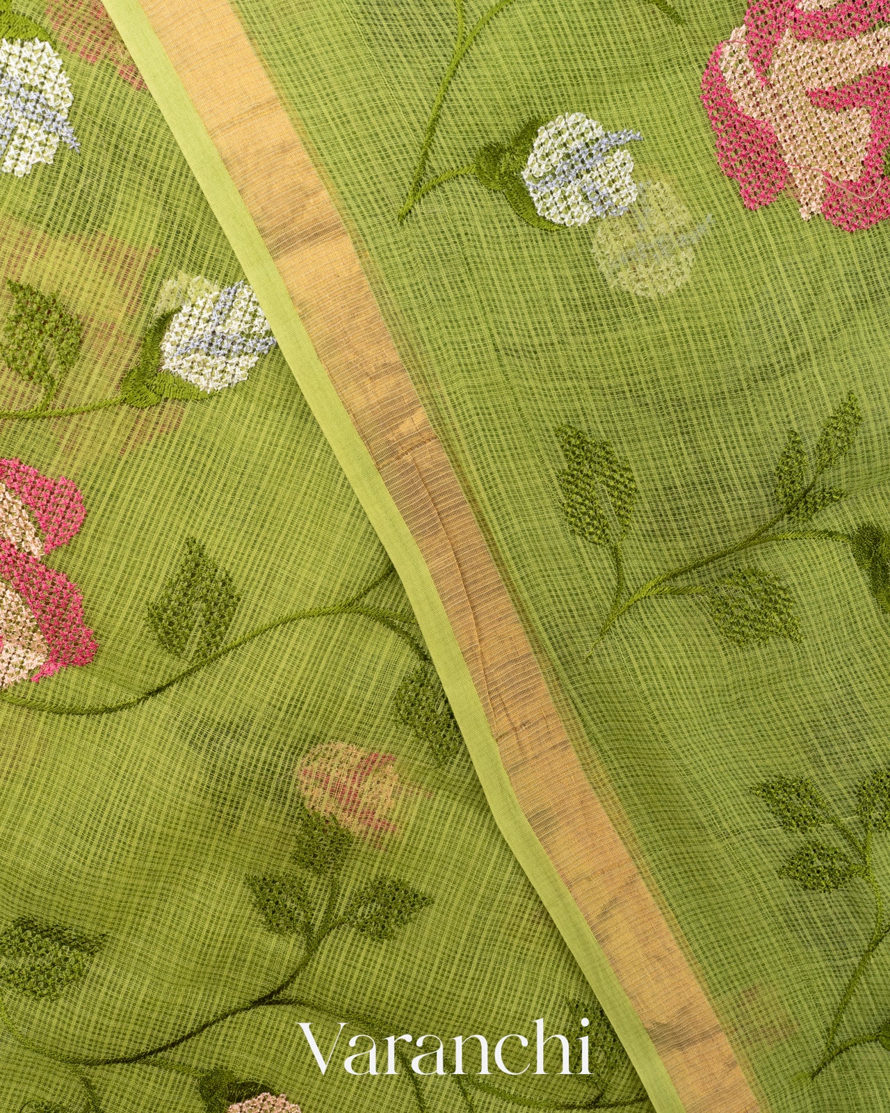Fresh Leaf Green Embroidered Kota Cotton Saree