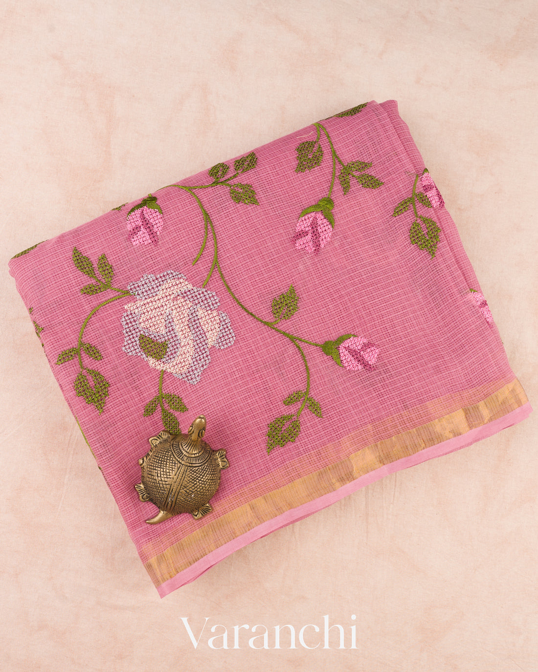 Dusty Rose Pink Embroidered Kota Cotton Saree