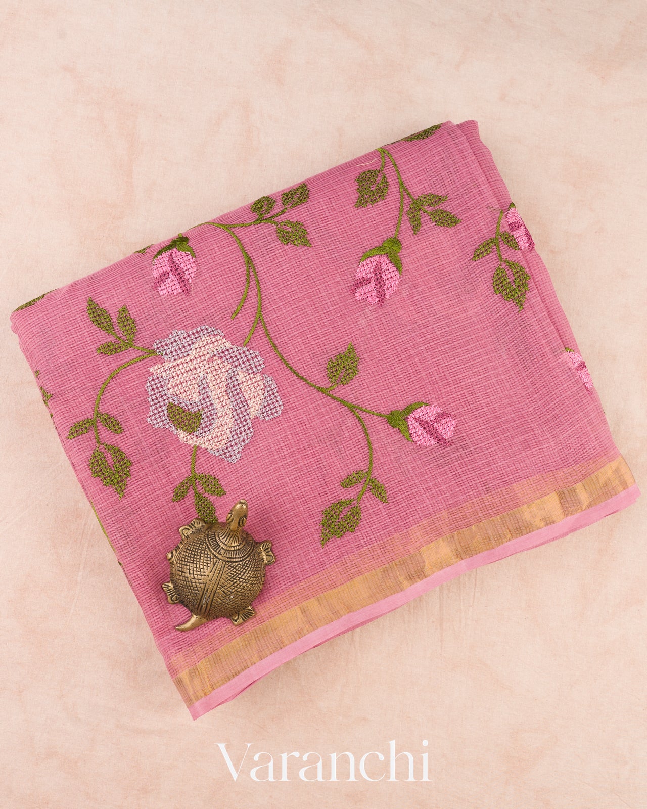 Dusty Rose Pink Embroidered Kota Cotton Saree