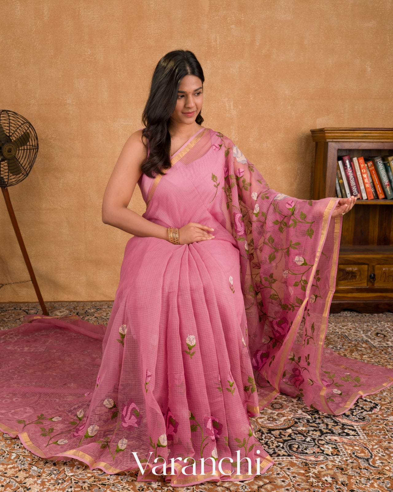 Dusty Rose Pink Embroidered Kota Cotton Saree