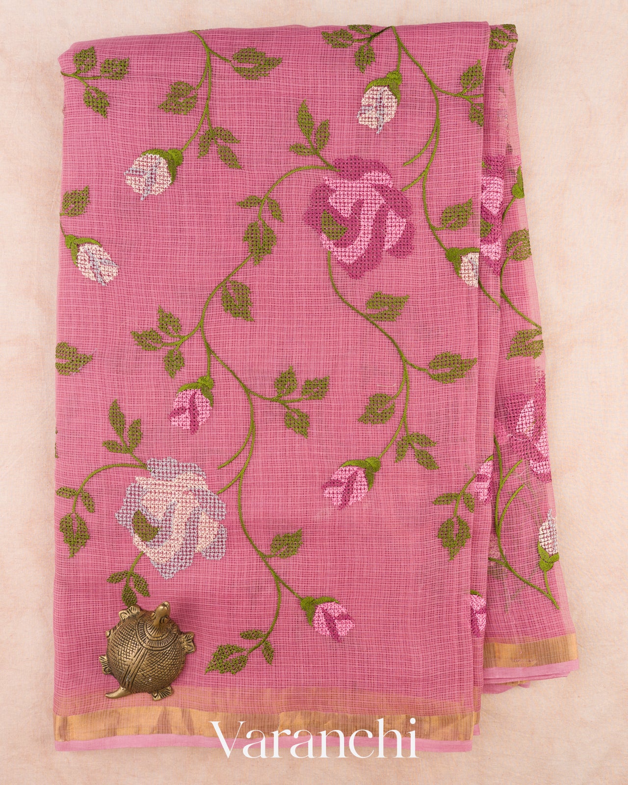 Dusty Rose Pink Embroidered Kota Cotton Saree