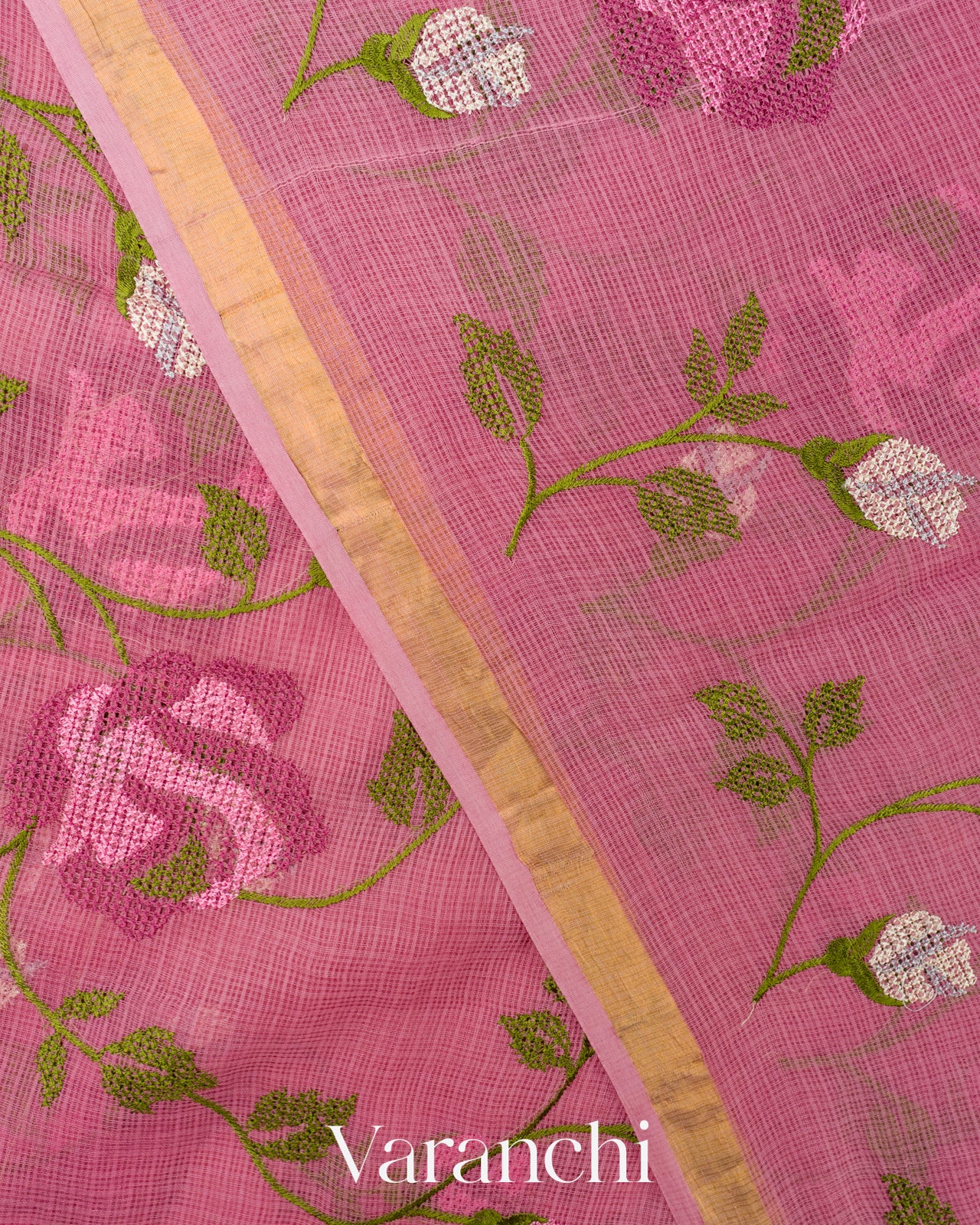 Dusty Rose Pink Embroidered Kota Cotton Saree