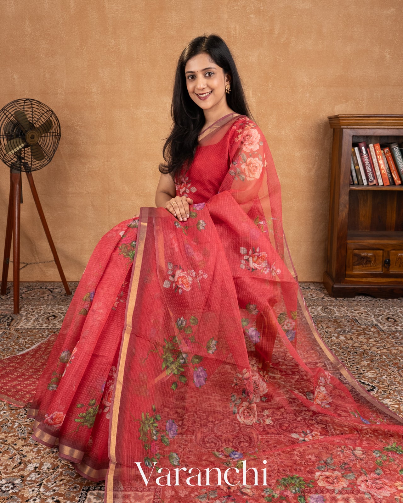Tomato Red Digital Printed Kota Cotton Saree