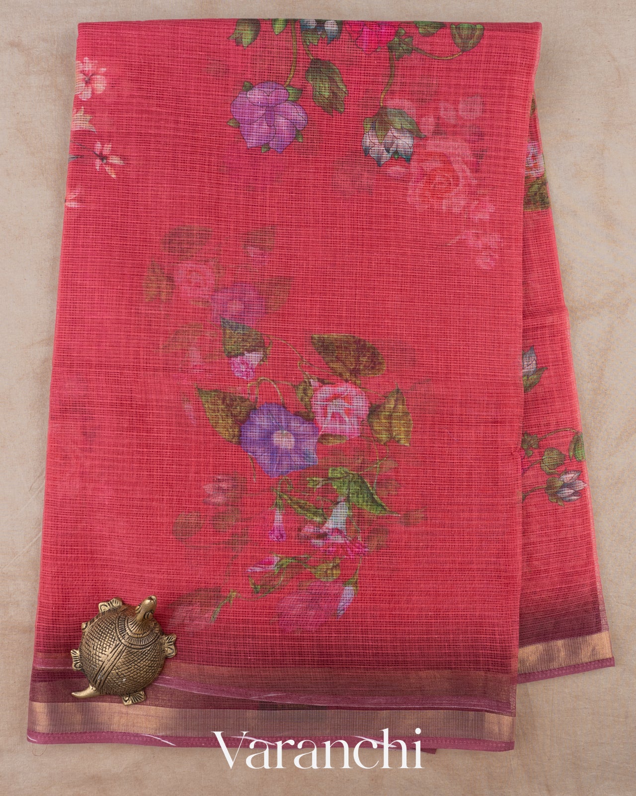 Tomato Red Digital Printed Kota Cotton Saree