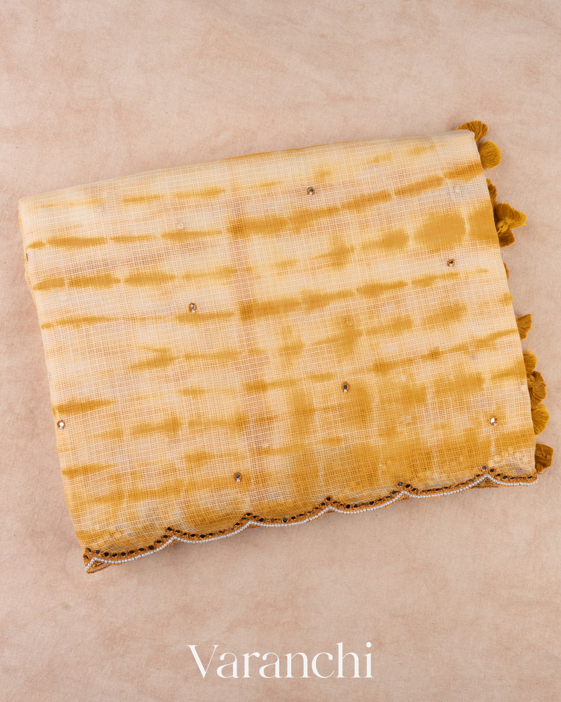 Turmeric Yellow And Off White Shibori Kota Cotton Saree