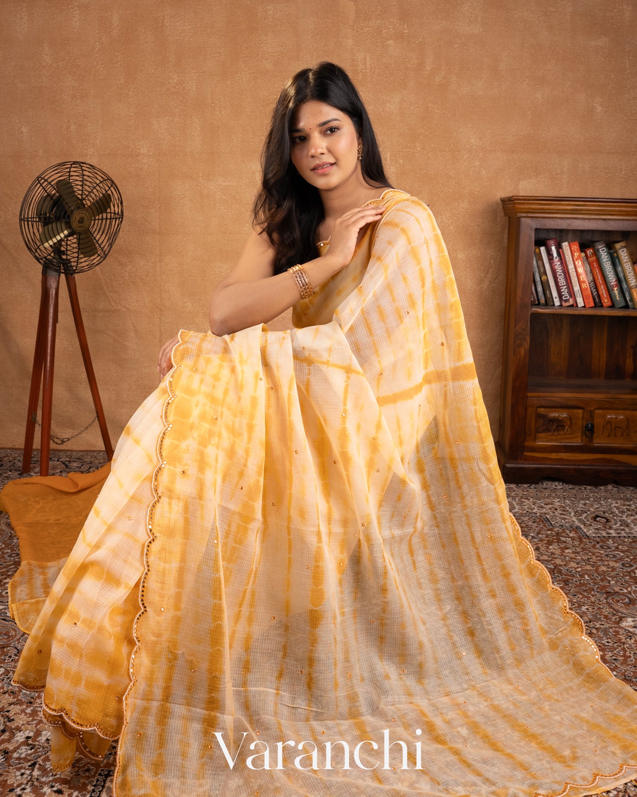 Turmeric Yellow And Off White Shibori Kota Cotton Saree