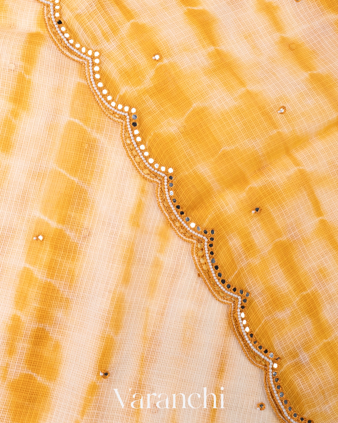 Turmeric Yellow And Off White Shibori Kota Cotton Saree