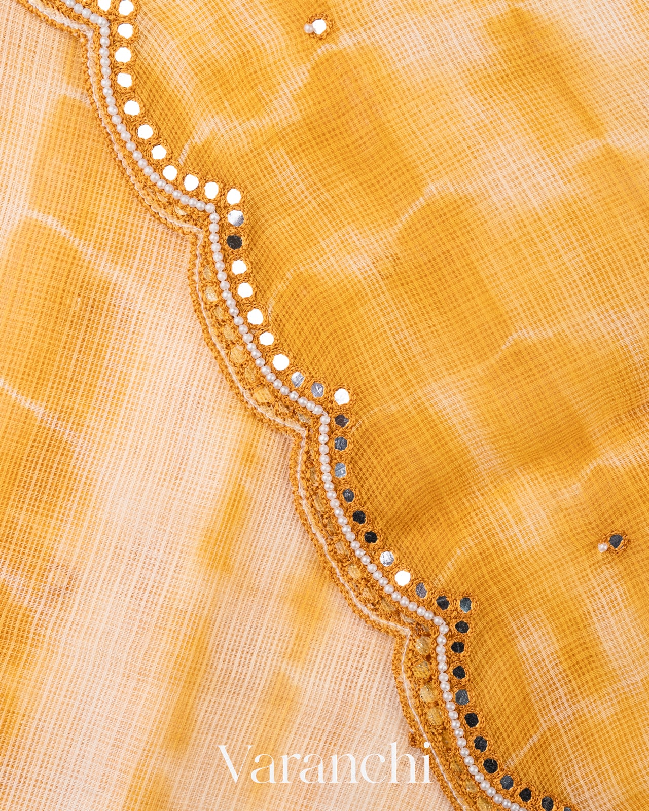 Turmeric Yellow And Off White Shibori Kota Cotton Saree