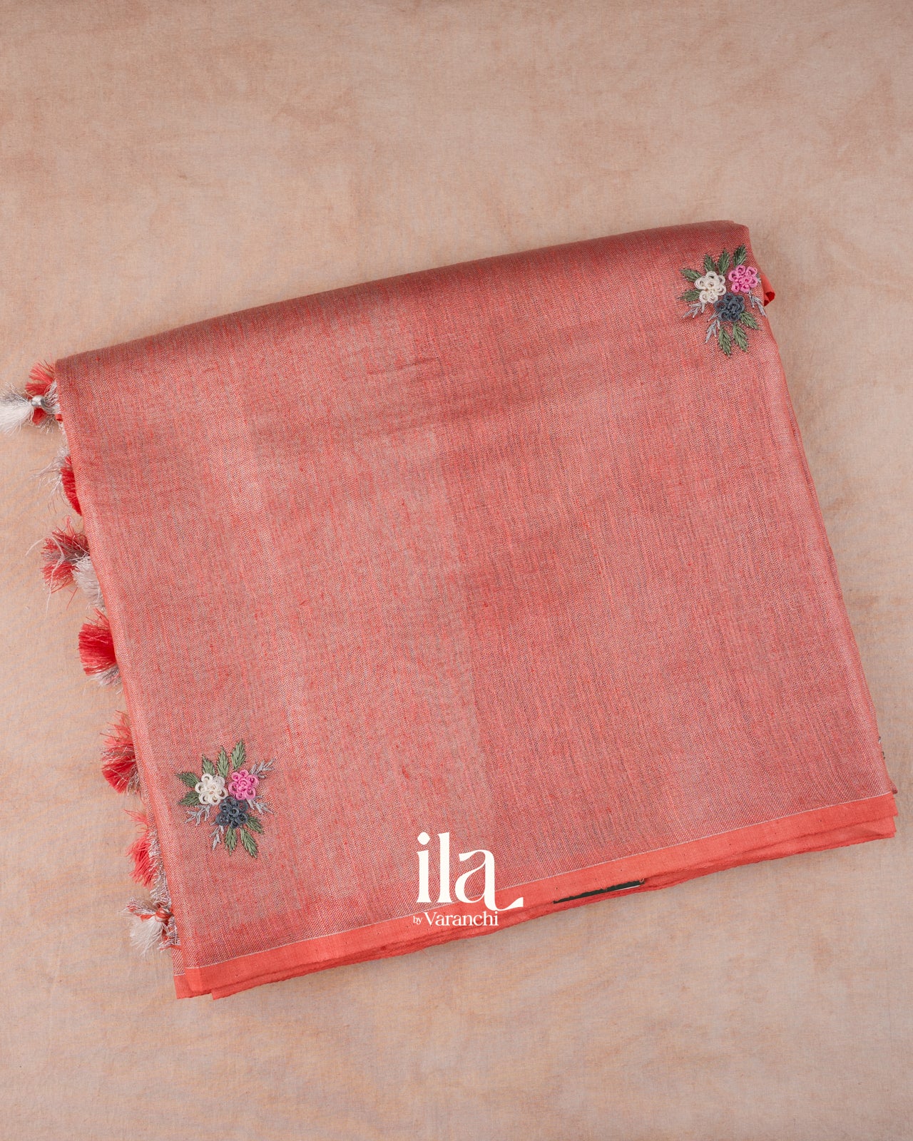 Baby Pink Embroidered Linen Tissue Saree