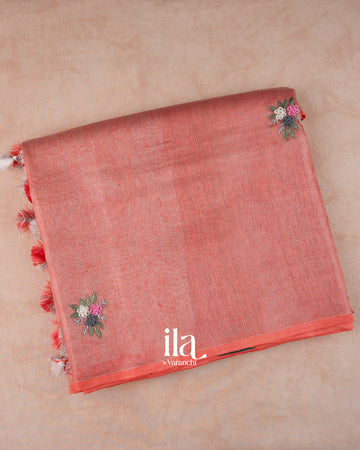 Baby Pink Embroidered Linen Tissue Saree