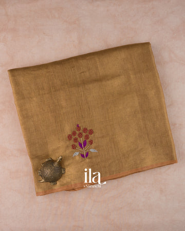 Golden Brown Embroidered Linen Tissue Saree 