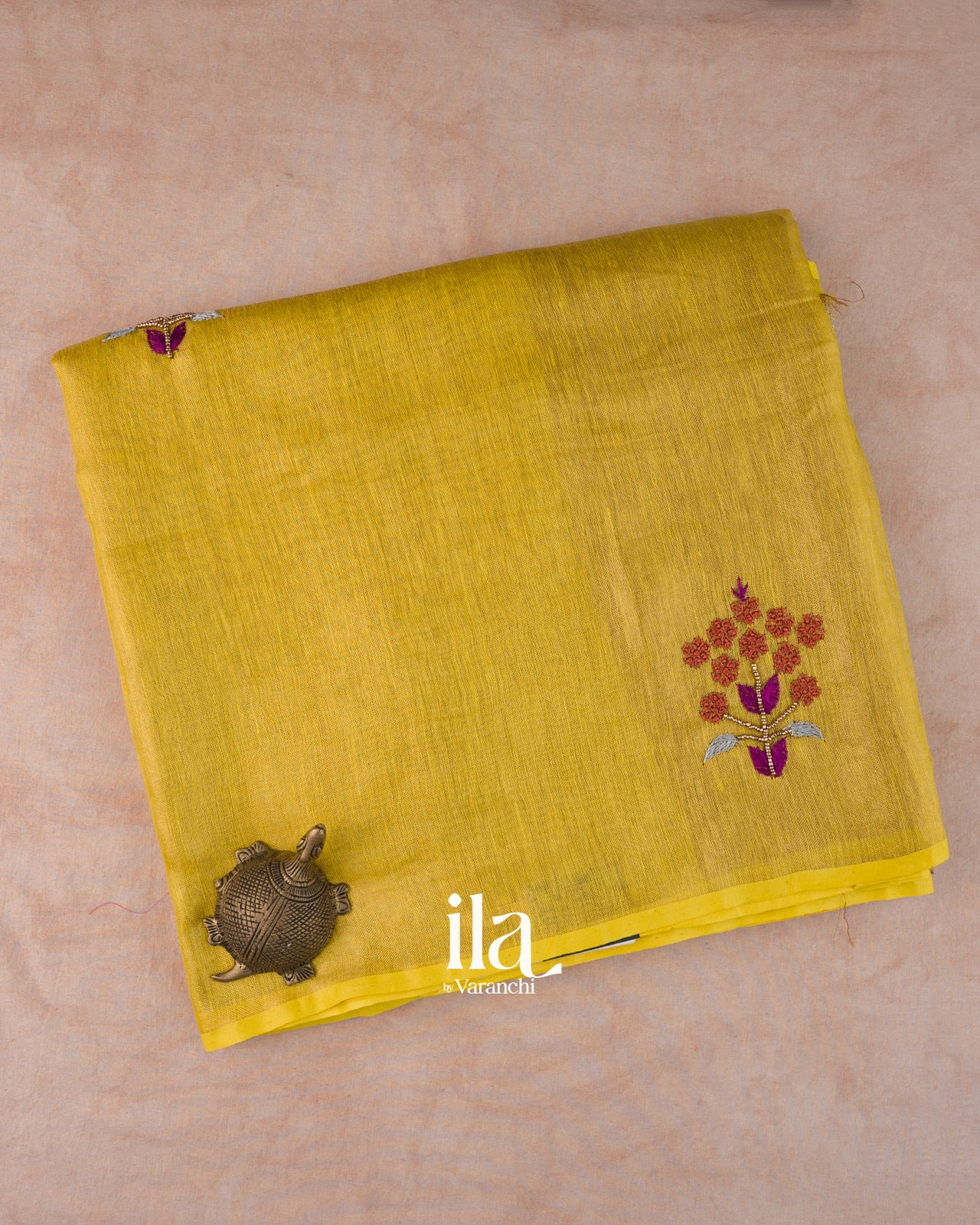 Lemon Yellow Embroidered Linen Tissue Saree 