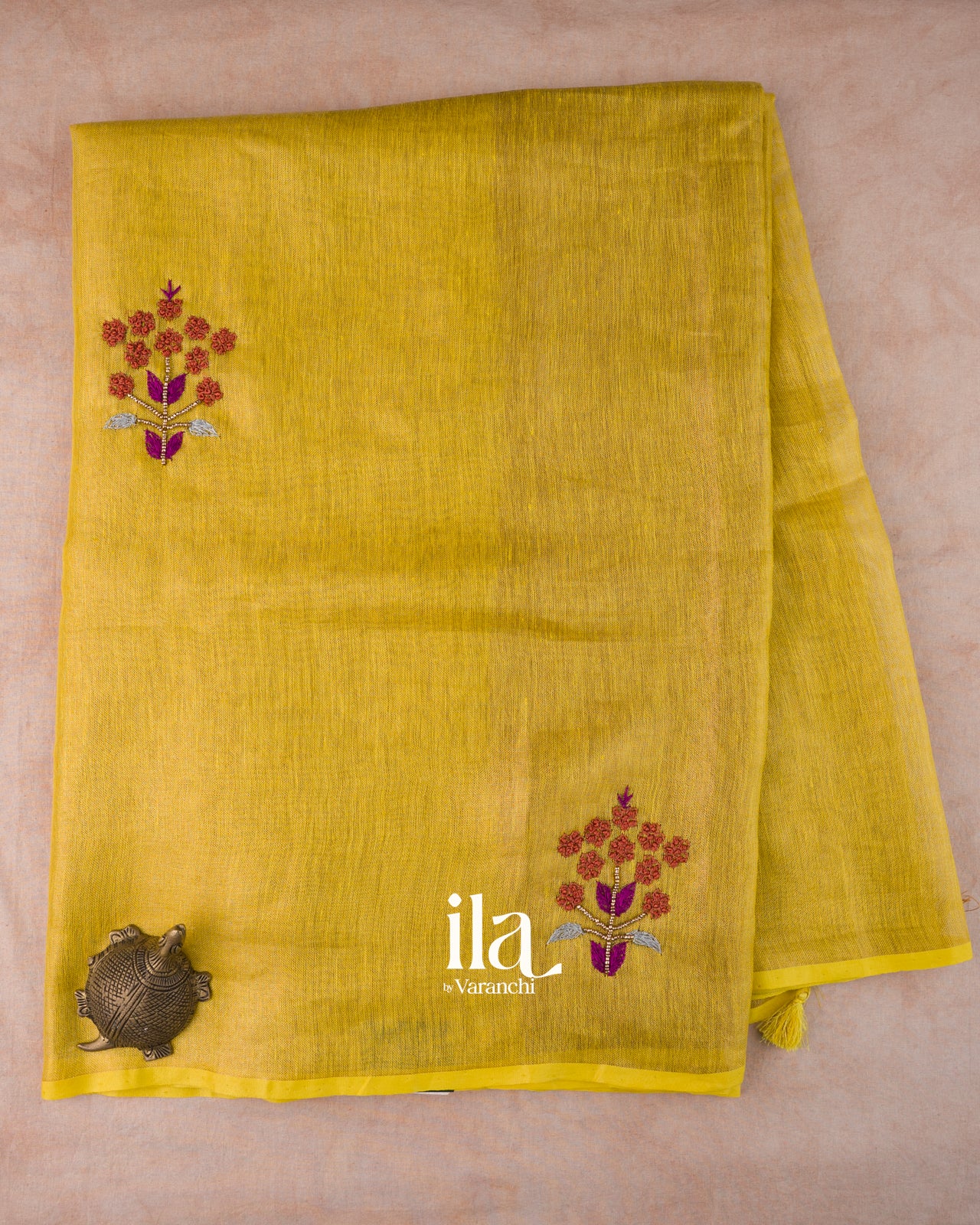 Lemon Yellow Embroidered Linen Tissue Saree 