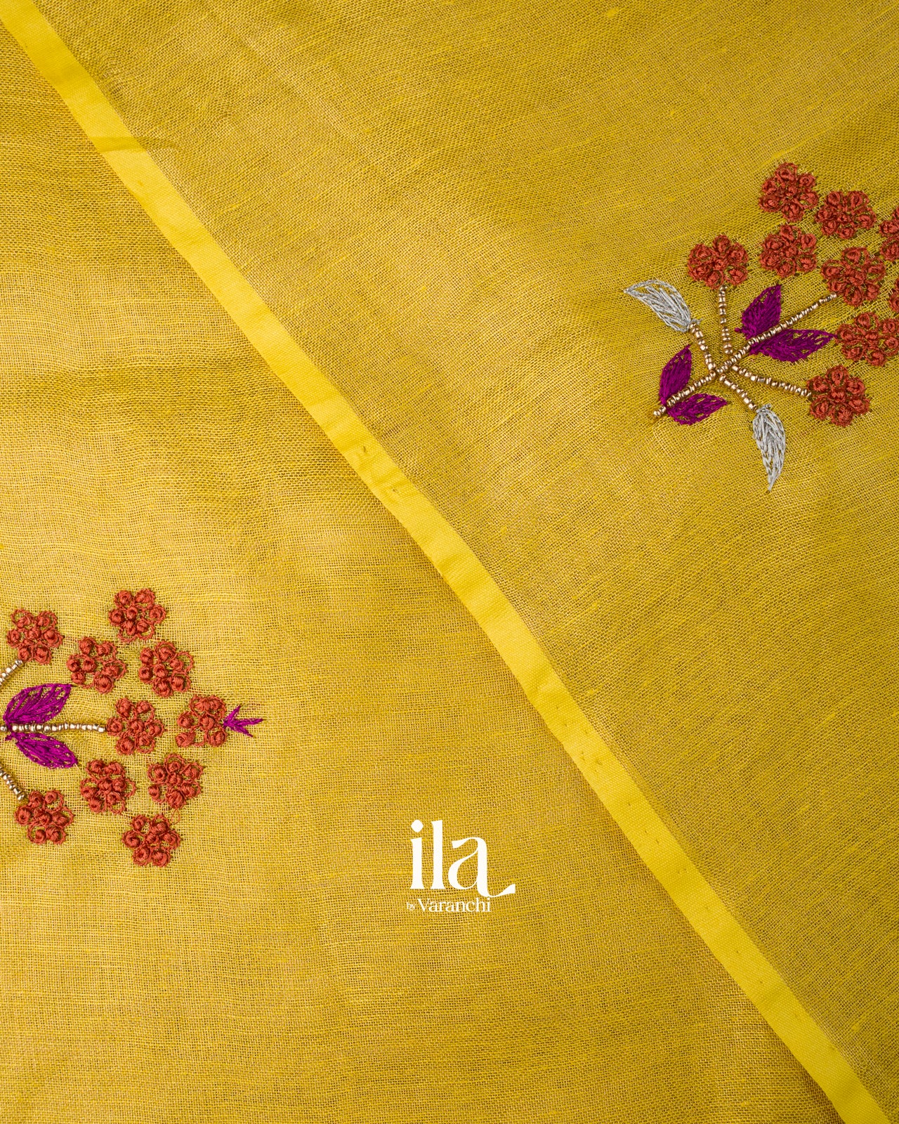 Lemon Yellow Embroidered Linen Tissue Saree 