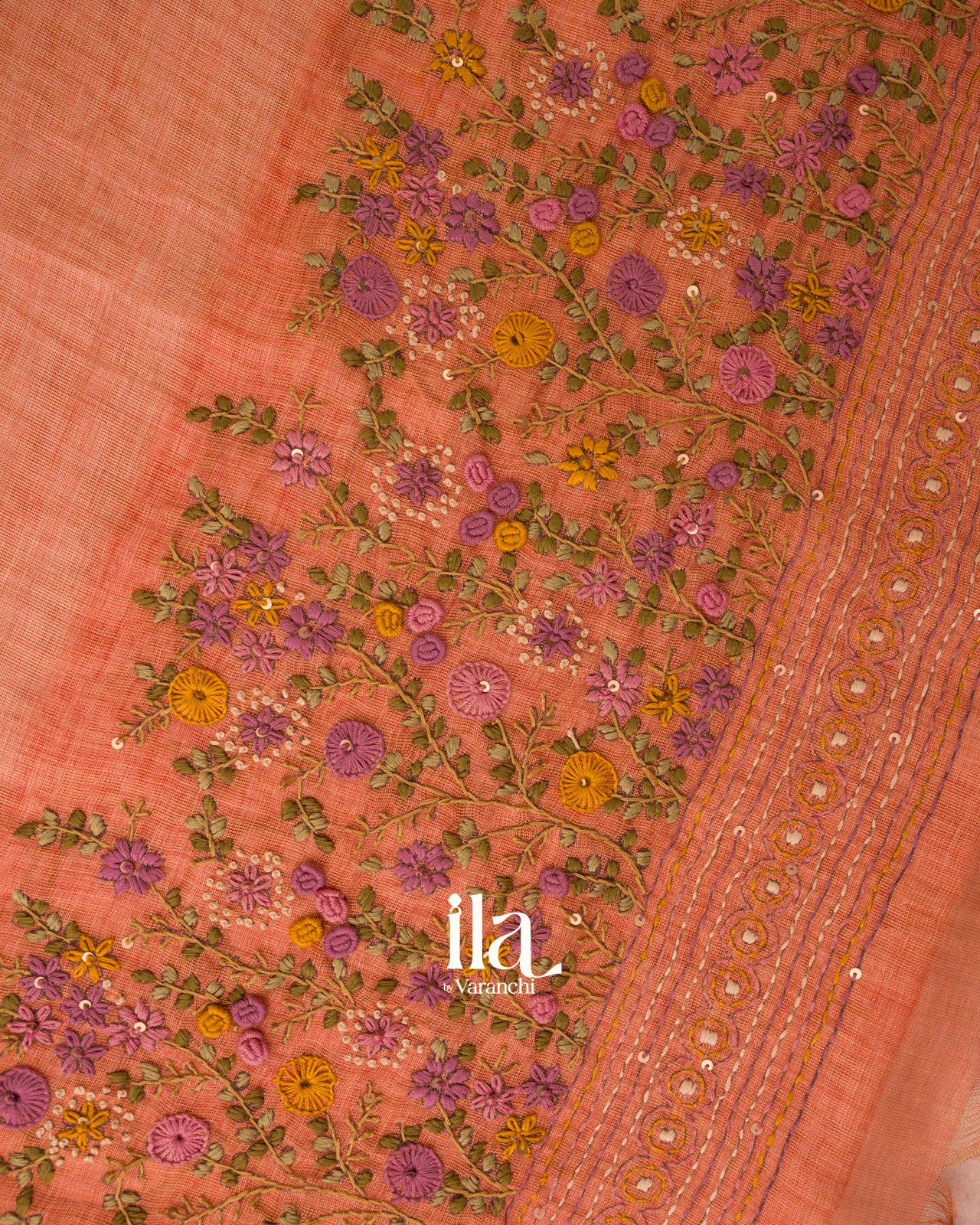 Rust Elaichi French Knot Embroidered Linen Tissue Saree
