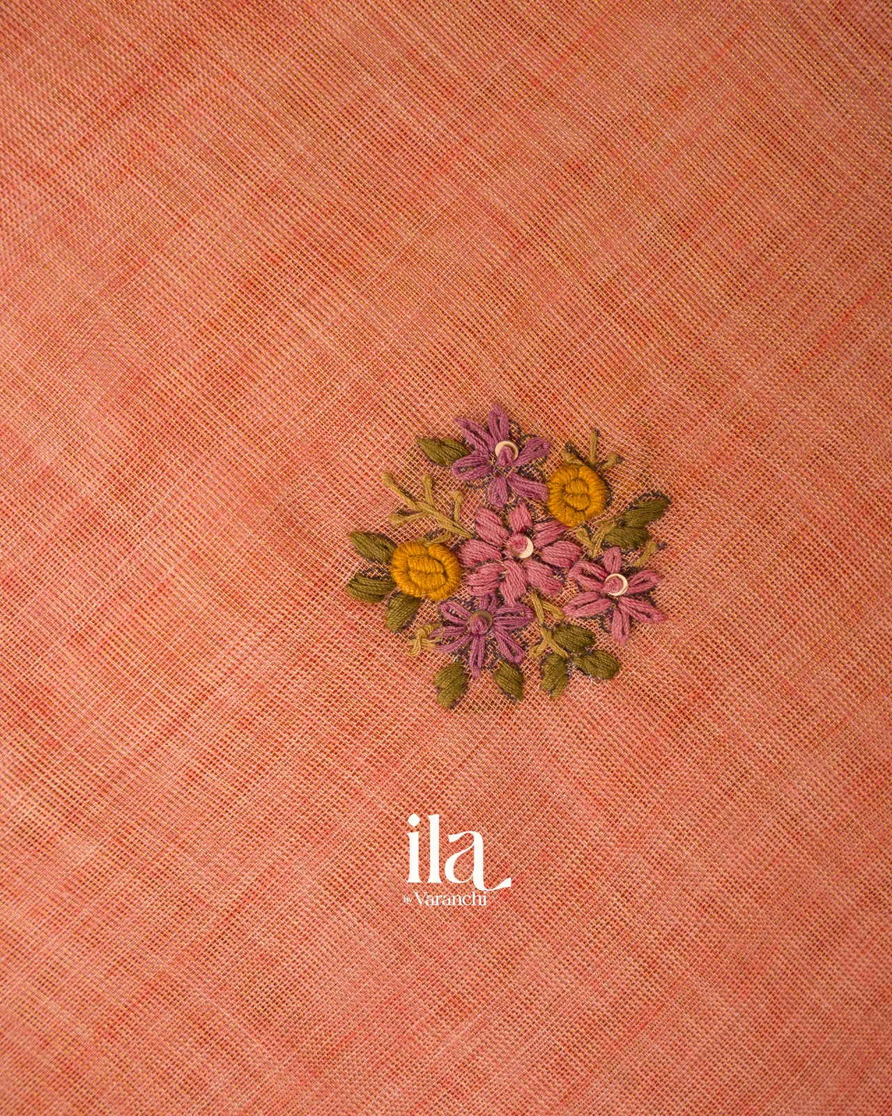 Rust Elaichi French Knot Embroidered Linen Tissue Saree