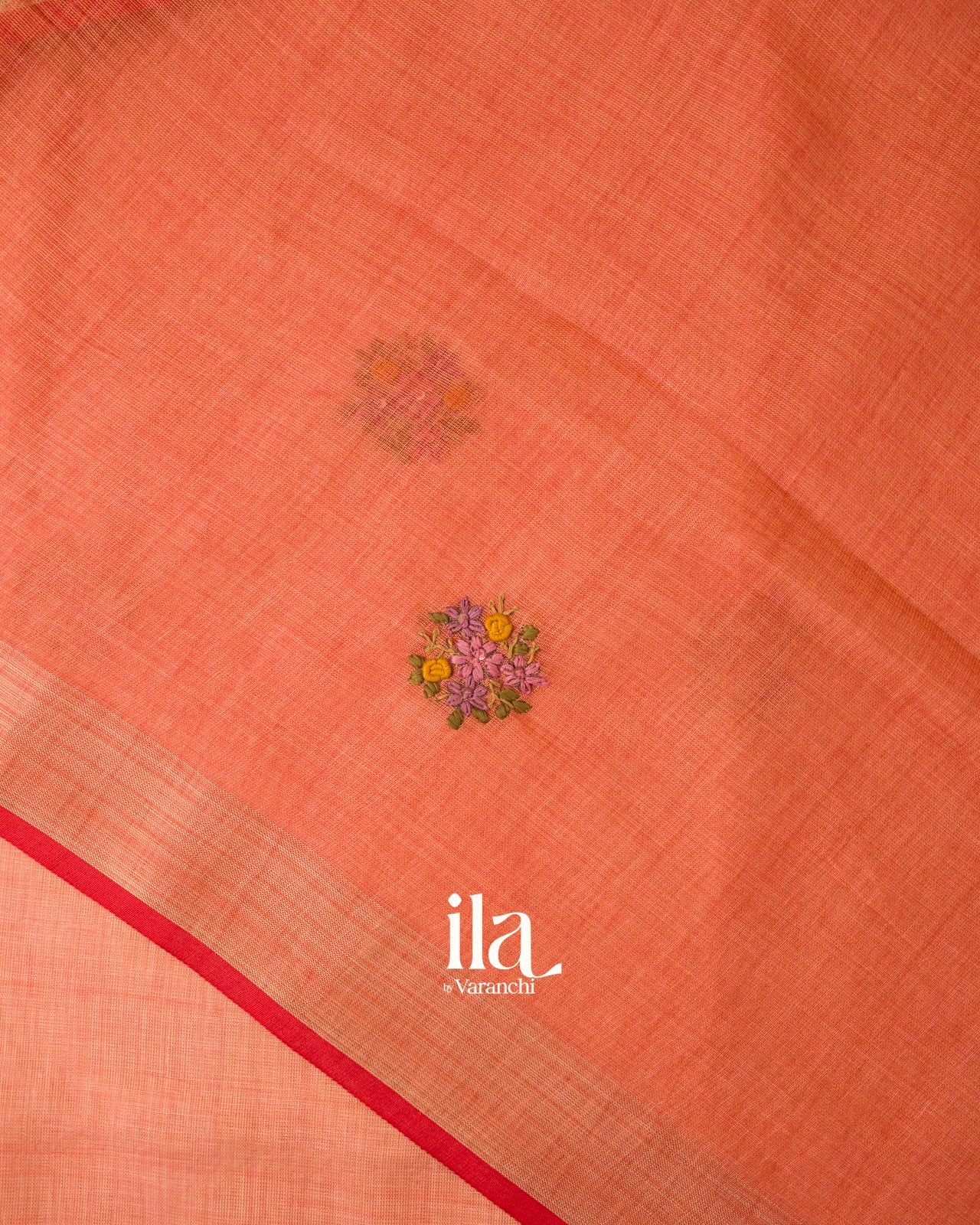 Rust Elaichi French Knot Embroidered Linen Tissue Saree