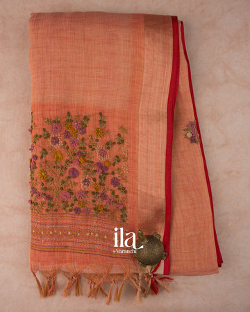 Rust Elaichi French Knot Embroidered Linen Tissue Saree