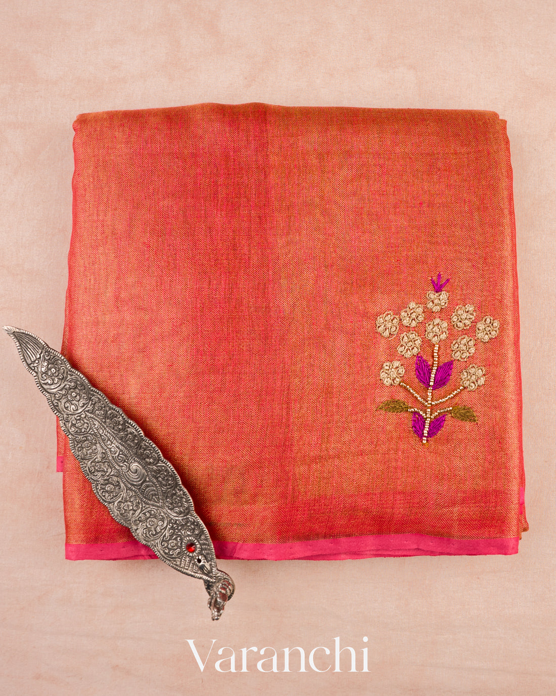 Burnt Orange Embroidered Tissue Silk Linen Saree