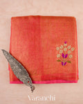 Burnt Orange Embroidered Tissue Silk Linen Saree