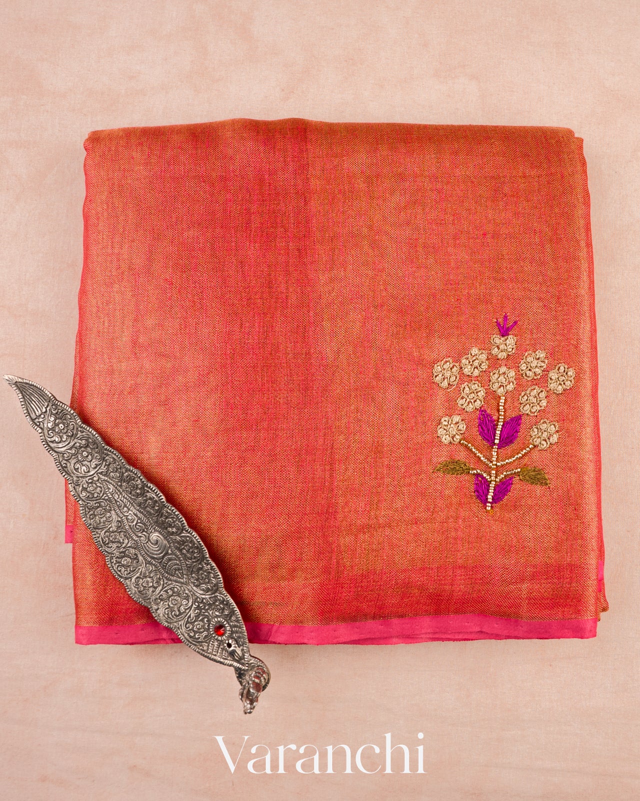 Burnt Orange Embroidered Tissue Silk Linen Saree